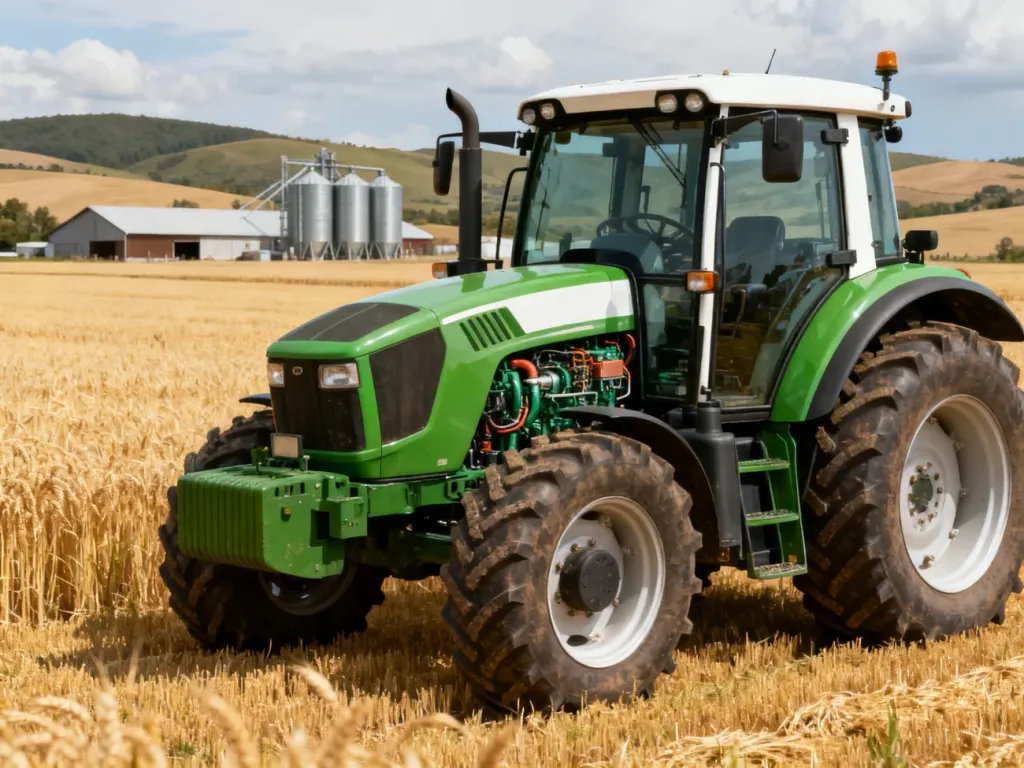 Nowoczesny ciągnik rolniczy Claas Arion 630 zaparkowany na polu pszenicy w słoneczny dzień.