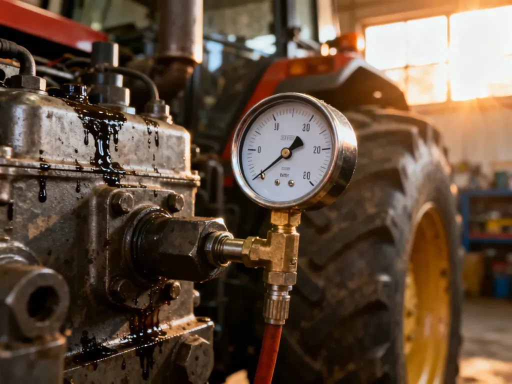 Manometr podłączony do układu hydraulicznego ciągnika, wskazujący precyzyjny pomiar ciśnienia w warunkach warsztatowych.