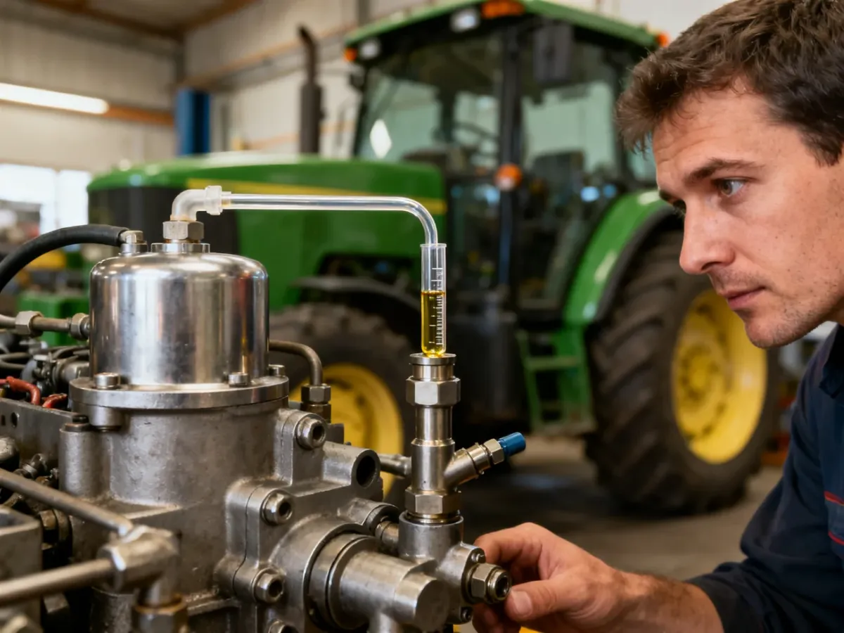 Mechanik obserwujący paliwo w kapilarze podłączonej do pompy wtryskowej ciągnika