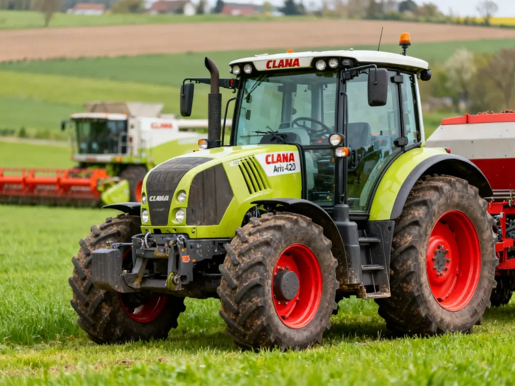 Ciągnik Claas Arion 420 zaparkowany na zielonym polu, prezentujący solidną konstrukcję i nowoczesny design maszyny.