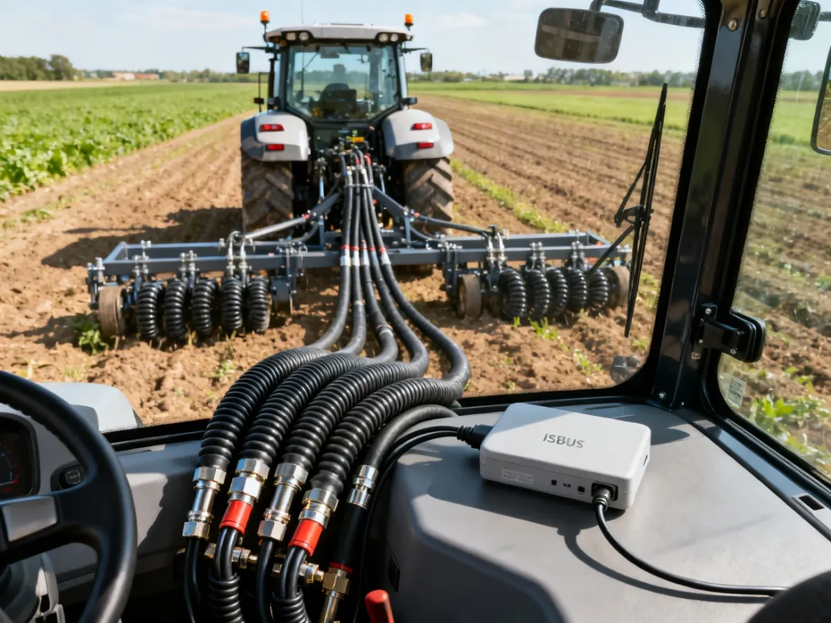 Nowoczesny ciągnik połączony z narzędziem przewodami hydraulicznymi i interfejsem ISOBUS