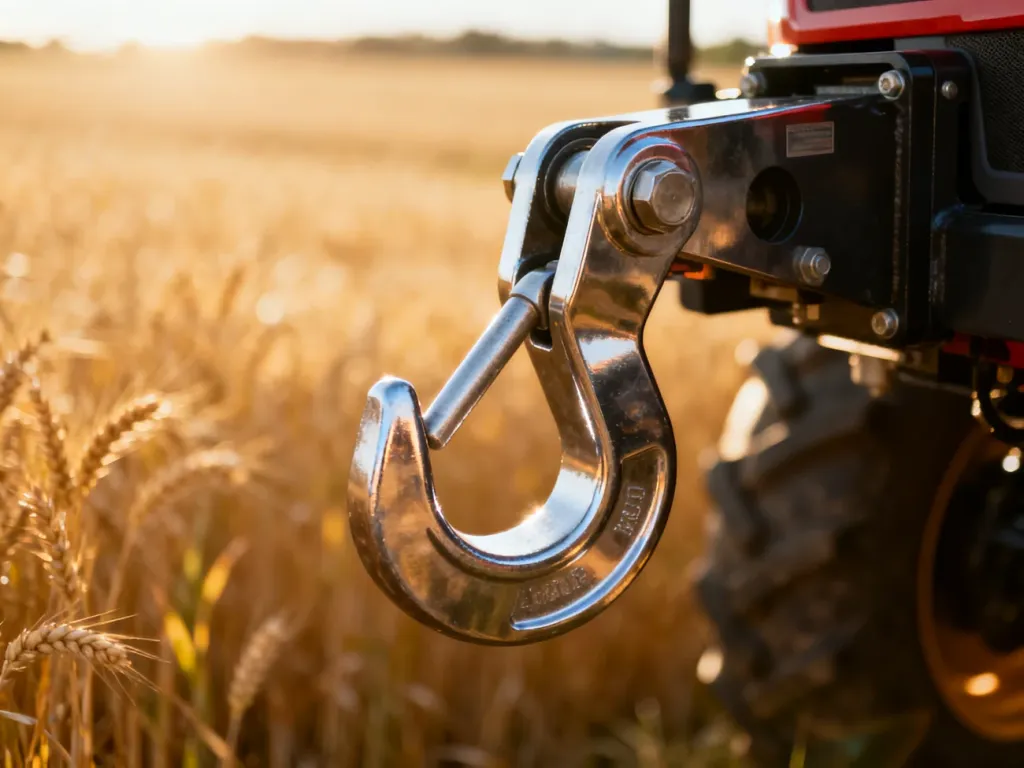 Zbliżenie na precyzyjny mechanizm haka automatycznego w nowoczesnym ciągniku rolniczym na tle złotego pola pszenicy.