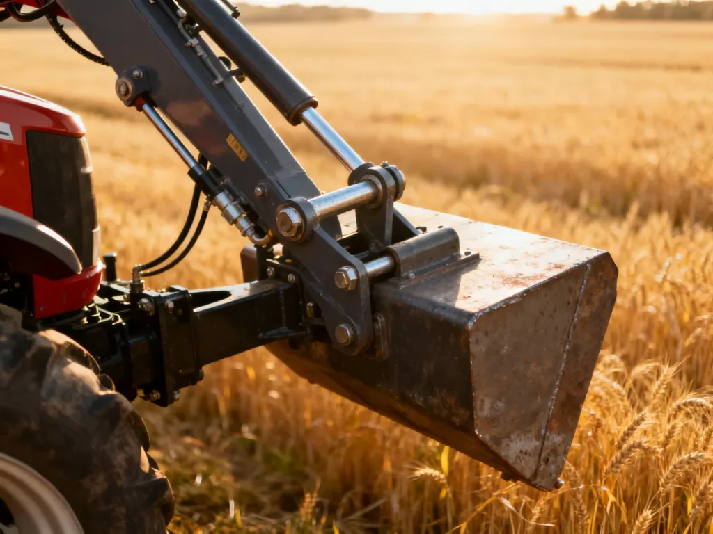 Zbliżenie na mechanizm hydrauliczny podnośnika ciągnika z obciążnikiem na tle pola pszenicy.