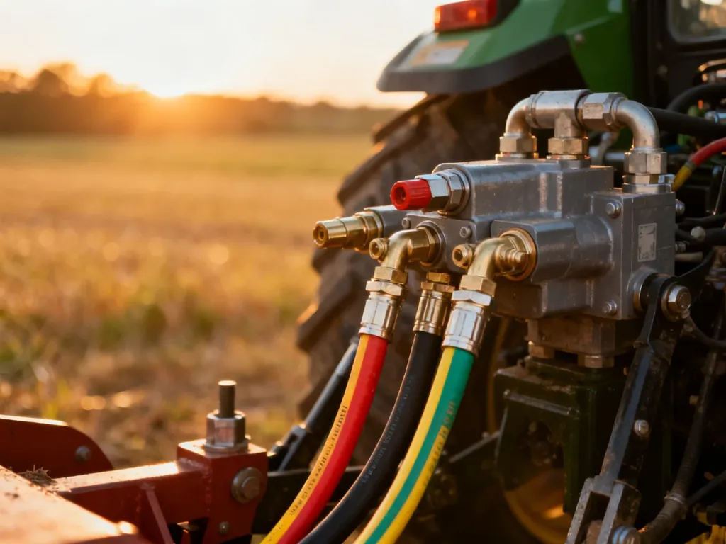 Zbliżenie na złącza hydrauliczne ciągnika z kolorowymi przewodami podłączonymi do maszyny rolniczej na polu.