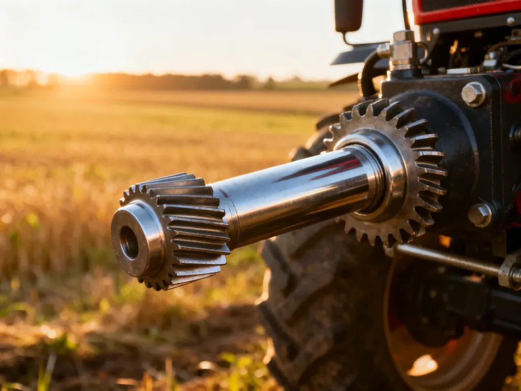 Zbliżenie na precyzyjny mechanizm wałka odbioru mocy (WOM) nowoczesnego ciągnika rolniczego na tle pola w świetle zachodu słońca.