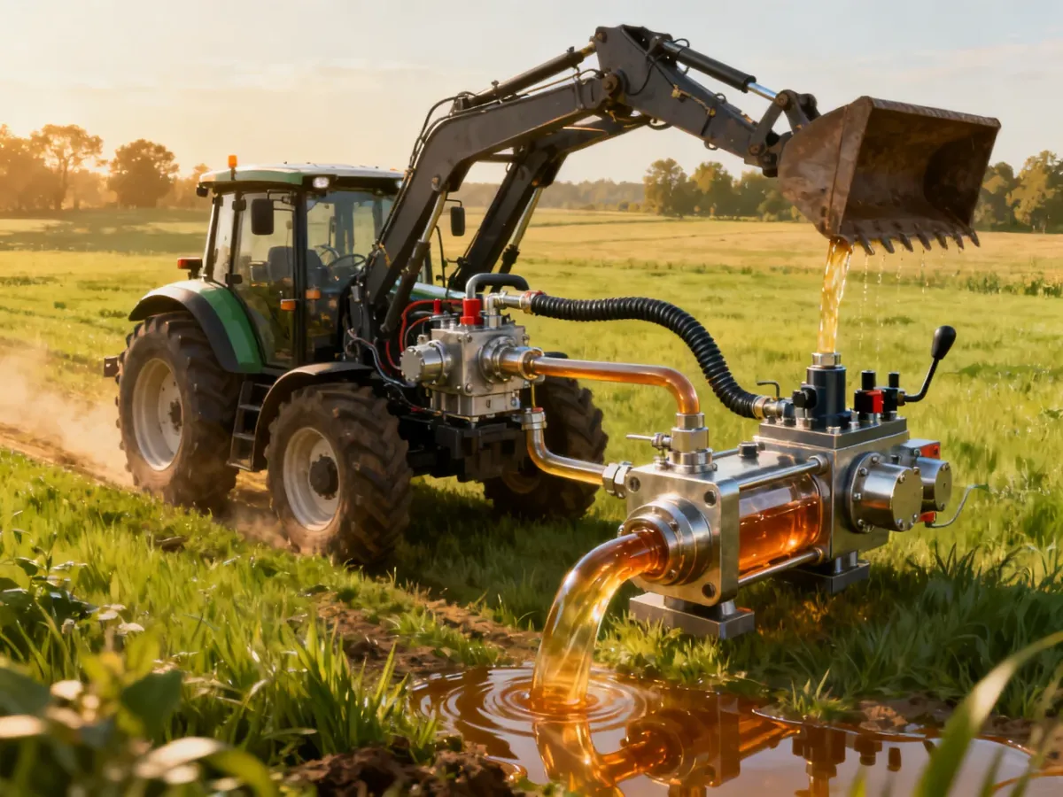 Układ hydrauliczny ciągnika podczas pracy z ładowaczem, przedstawiający działanie pompy i zaworów