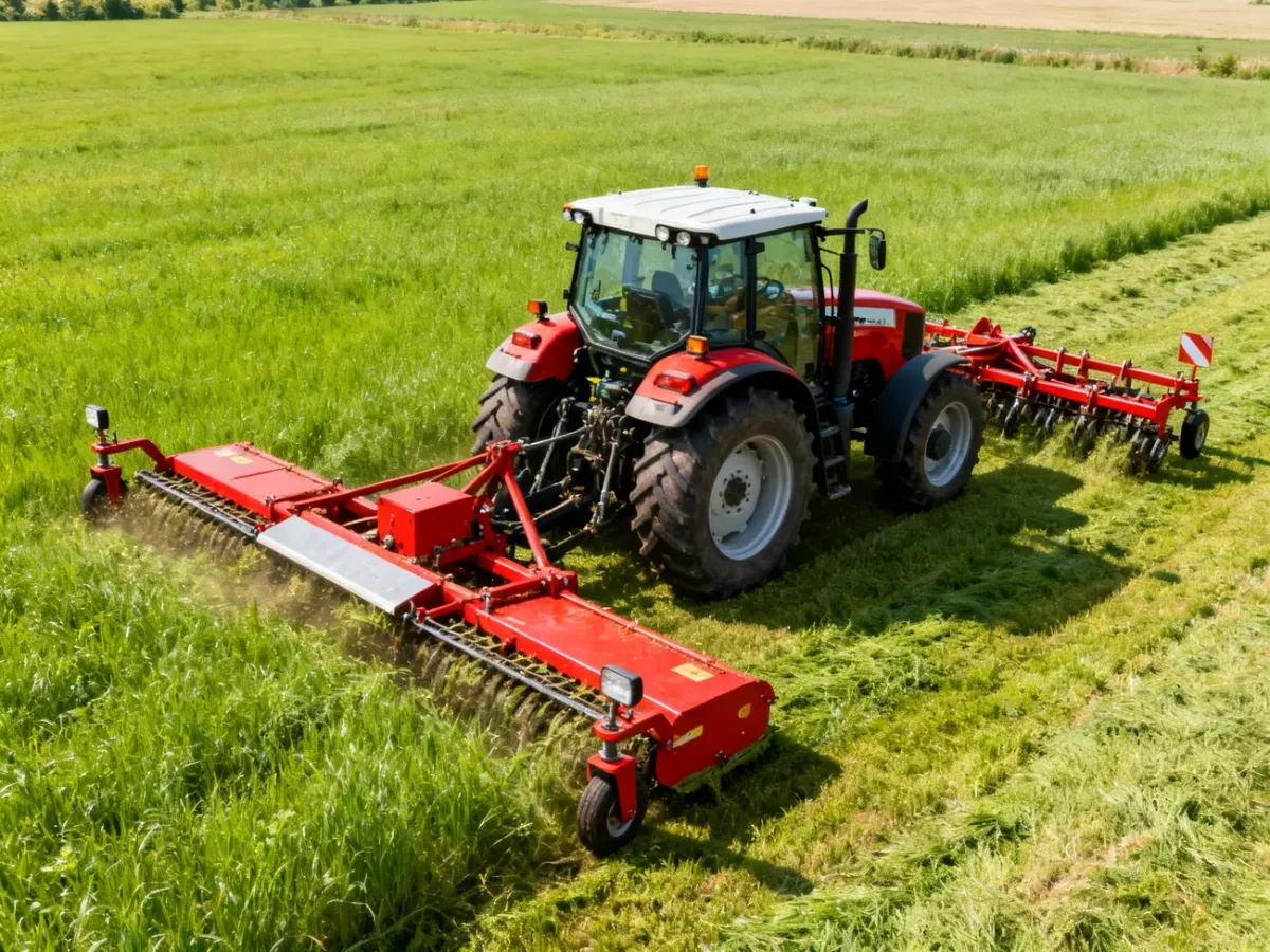Ciągnik z narzędziem zawieszonym z przodu i z tyłu podczas pracy na polu