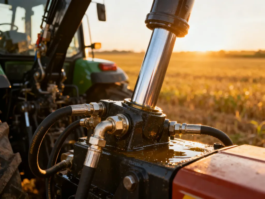 Zbliżenie na mechanizm podnośnika hydraulicznego ciągnika z widocznymi tłokami i przewodami na tle słonecznego pola.