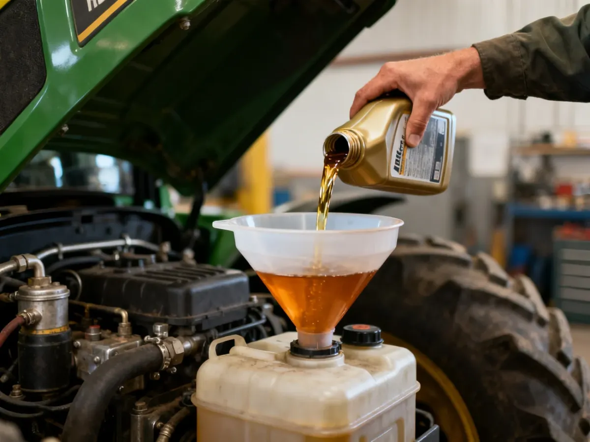 Wlewanie świeżego oleju hydraulicznego do zbiornika ciągnika przez lejek