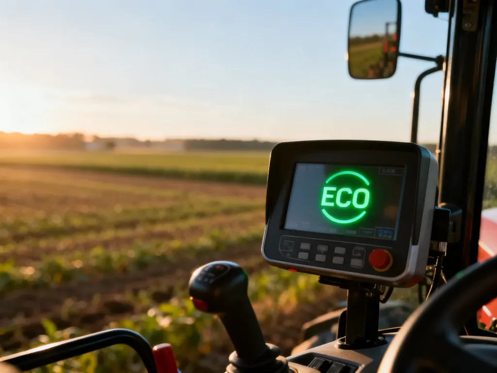 Zbliżenie na cyfrowy wyświetlacz ciągnika z podświetlonym wskaźnikiem ECO na tle rozległego pola uprawnego.
