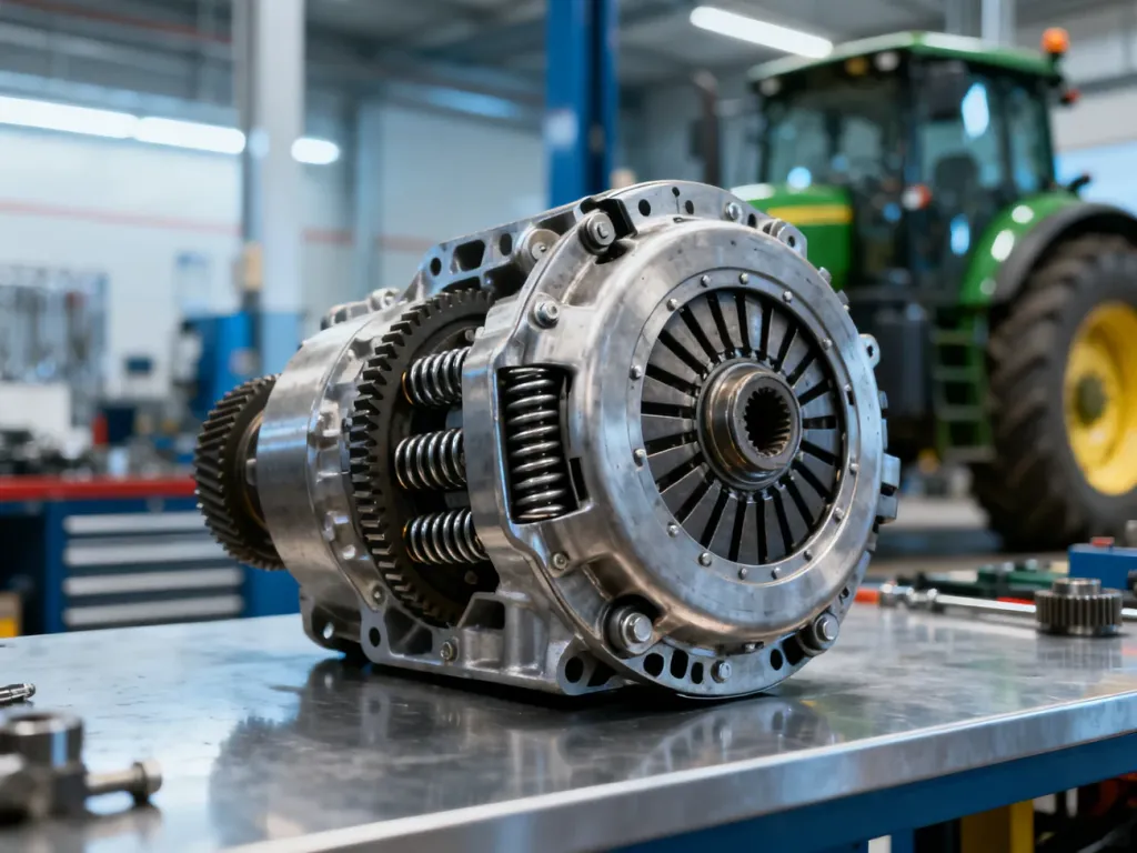 Precyzyjny mechanizm sprzęgła ciągnika rolniczego z widocznymi metalowymi przekładniami i sprężynami na stole warsztatowym.