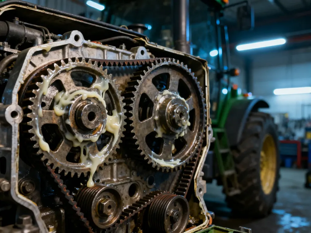 Zbliżenie na zużyte koła zębate i pasek rozrządu w otwartym silniku ciągnika w warsztacie mechanicznym.