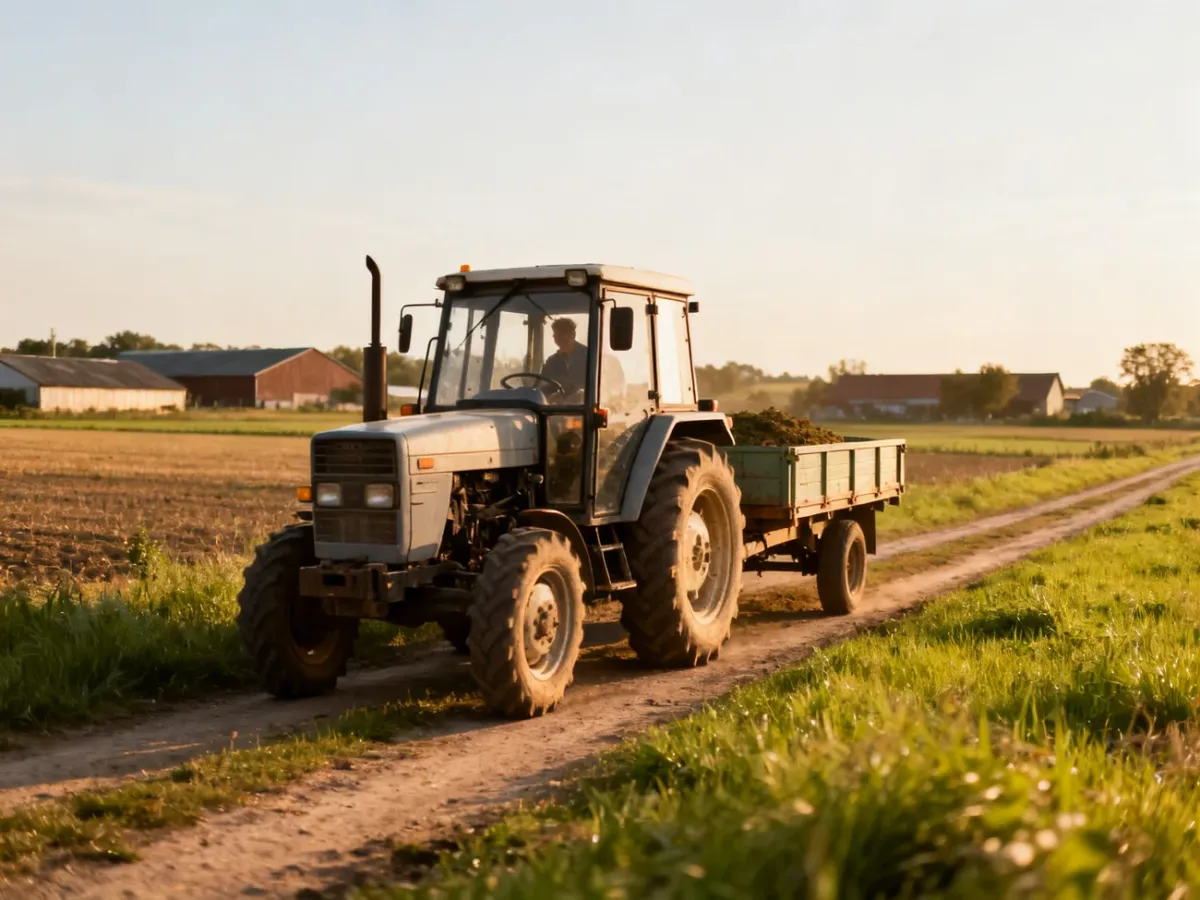 Lekki ciągnik transportujący przyczepę po gospodarstwie