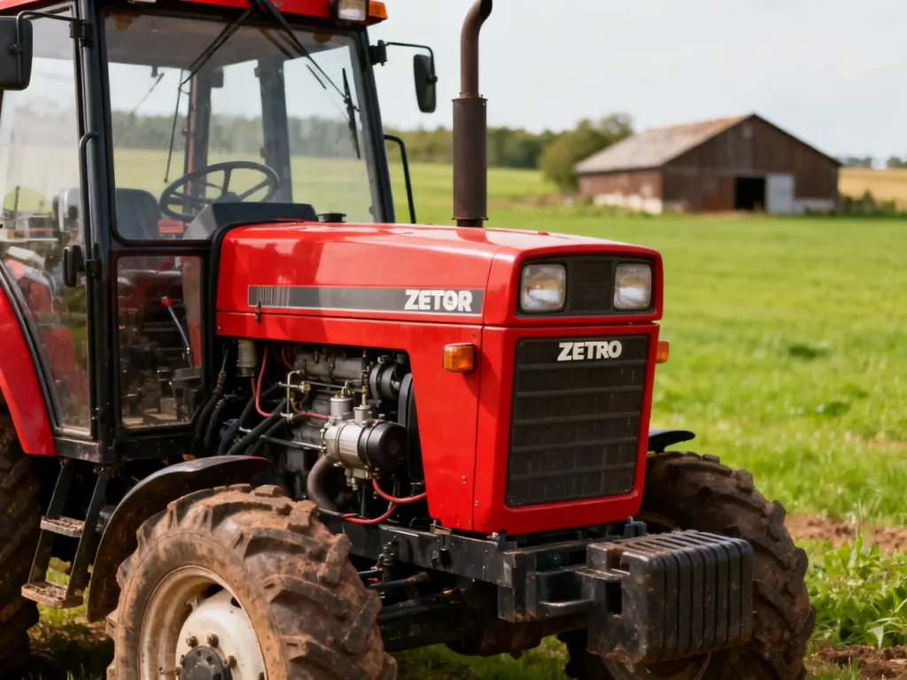 Czerwony ciągnik Zetor na tle zielonego pola i wiejskiego krajobrazu, prezentujący solidną konstrukcję maszyny.