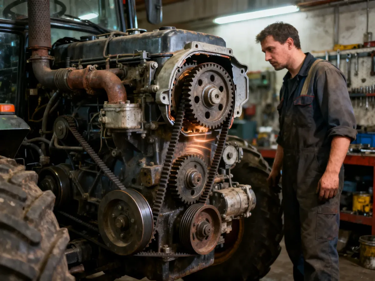 Mechanik sprawdzający przestawiony rozrząd w silniku ciągnika