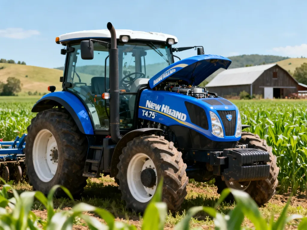 Niebieski ciągnik New Holland T4.75 pracujący na polu uprawnym w słoneczny dzień.