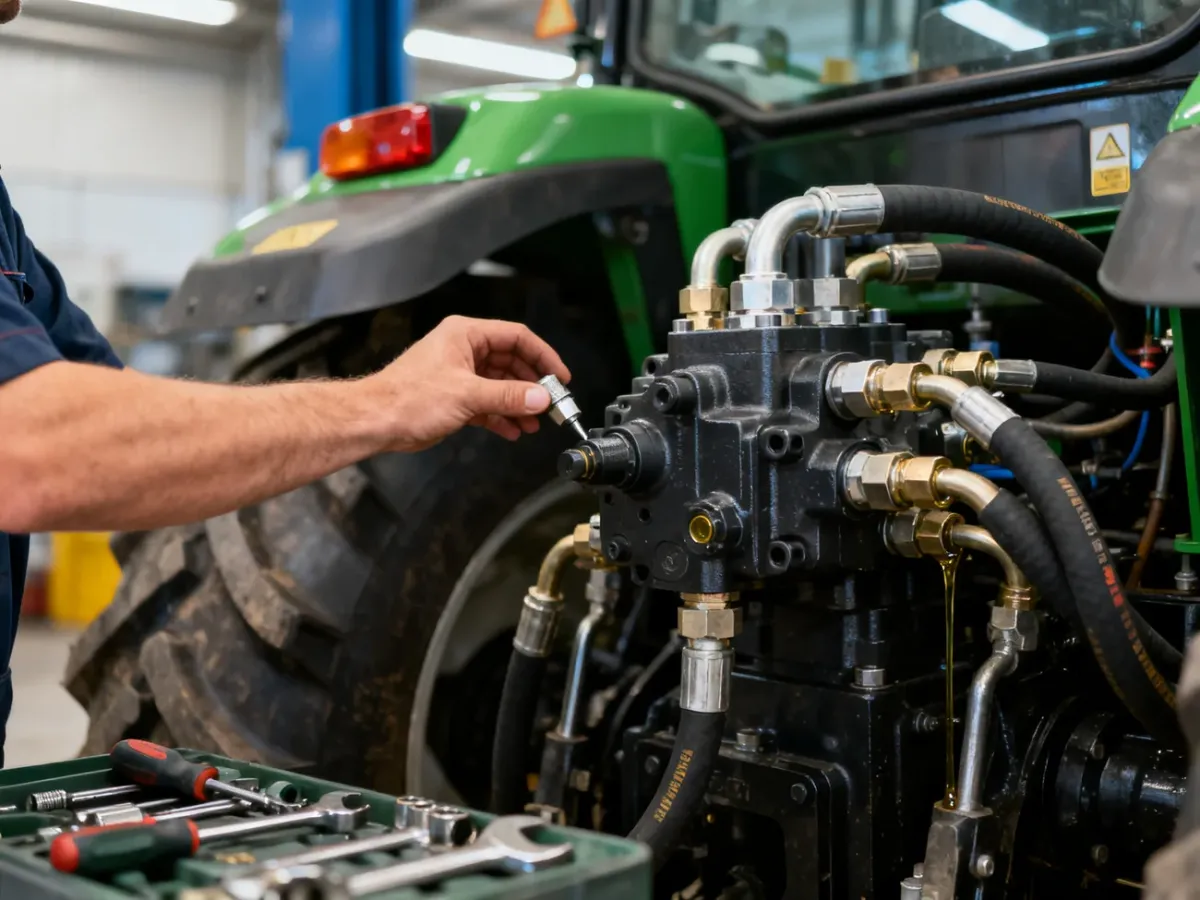 Mechanik kontrolujący rozdzielacz i przewody hydrauliczne ciągnika