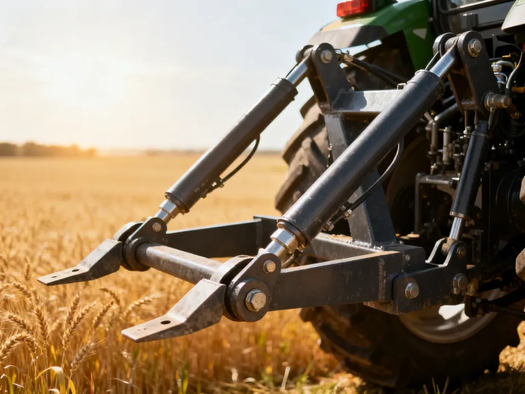 Zbliżenie na metalowy mechanizm tylnego podnośnika (TUZ) nowoczesnego ciągnika rolniczego na tle złotego pola pszenicy.