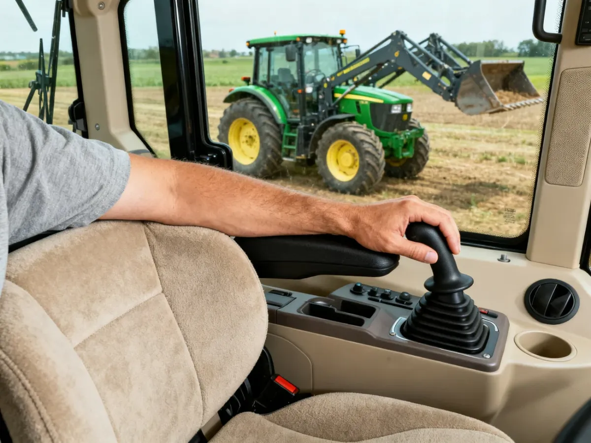 Operator using a tractor joystick with the elbow comfortably supported on the armrest