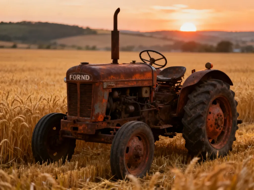 Zabytkowy ciągnik Fordson stojący na polu dojrzałej pszenicy podczas zachodu słońca, podkreślający historyczne znaczenie mechanizacji.