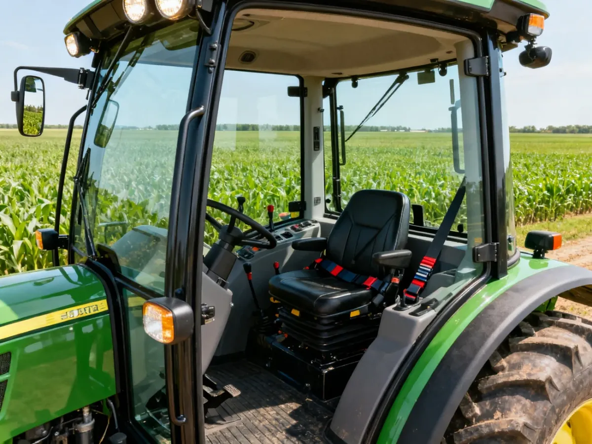 Kabina ciągnika z panoramicznymi szybami, konstrukcją ochronną i dobrym oświetleniem roboczym