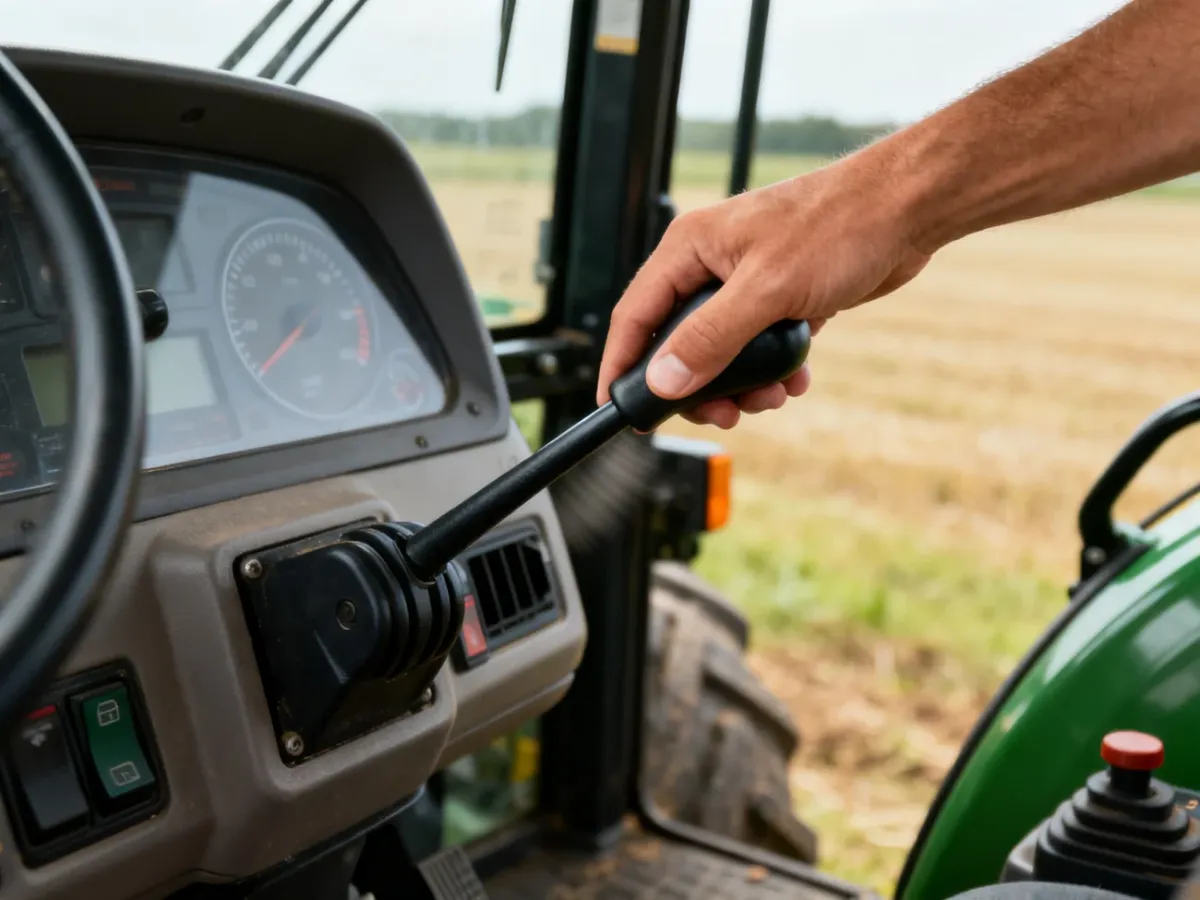 Operator płynnie przesuwający dźwignię WOM w kabinie ciągnika