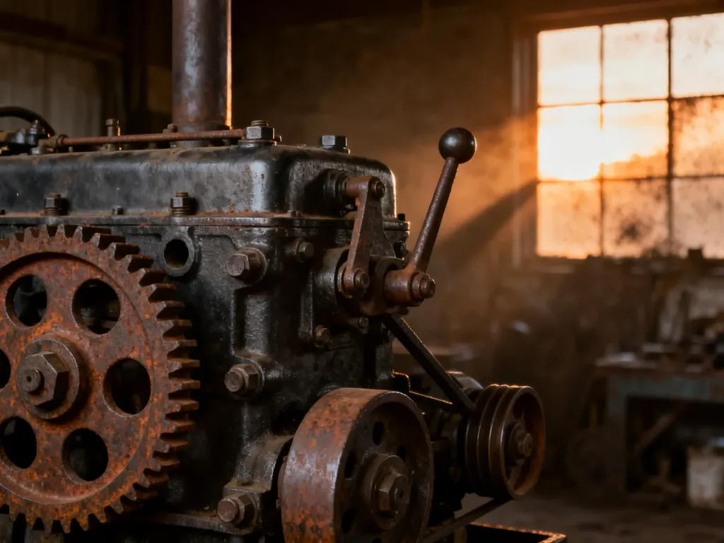 Zbliżenie na zabytkowy, żeliwny blok silnika ciągnika z widocznymi mechanizmami, podkreślające kunszt dawnej inżynierii.
