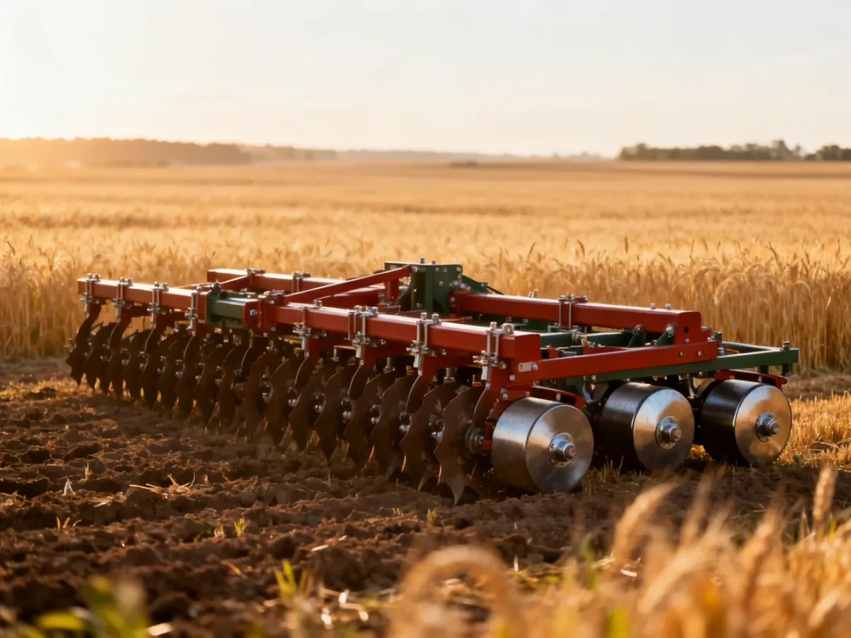 Agregat uprawowy Agro-Masz o szerokości 5 metrów pracujący na polu uprawnym w promieniach porannego słońca.