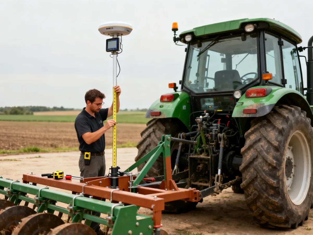 Technician measuring GNSS antenna offsets on a tractor during calibration