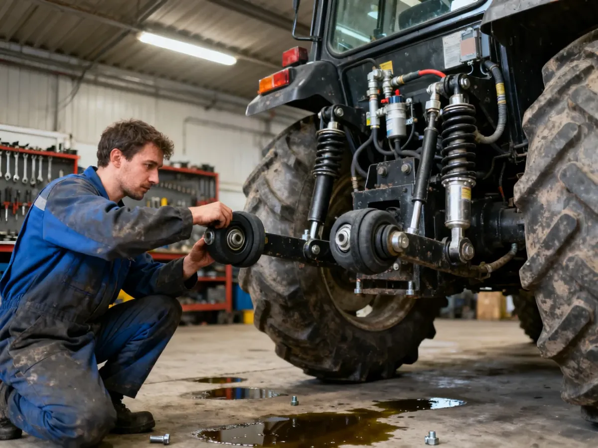 Mechanik sprawdzający elementy amortyzacji kabiny używanego ciągnika