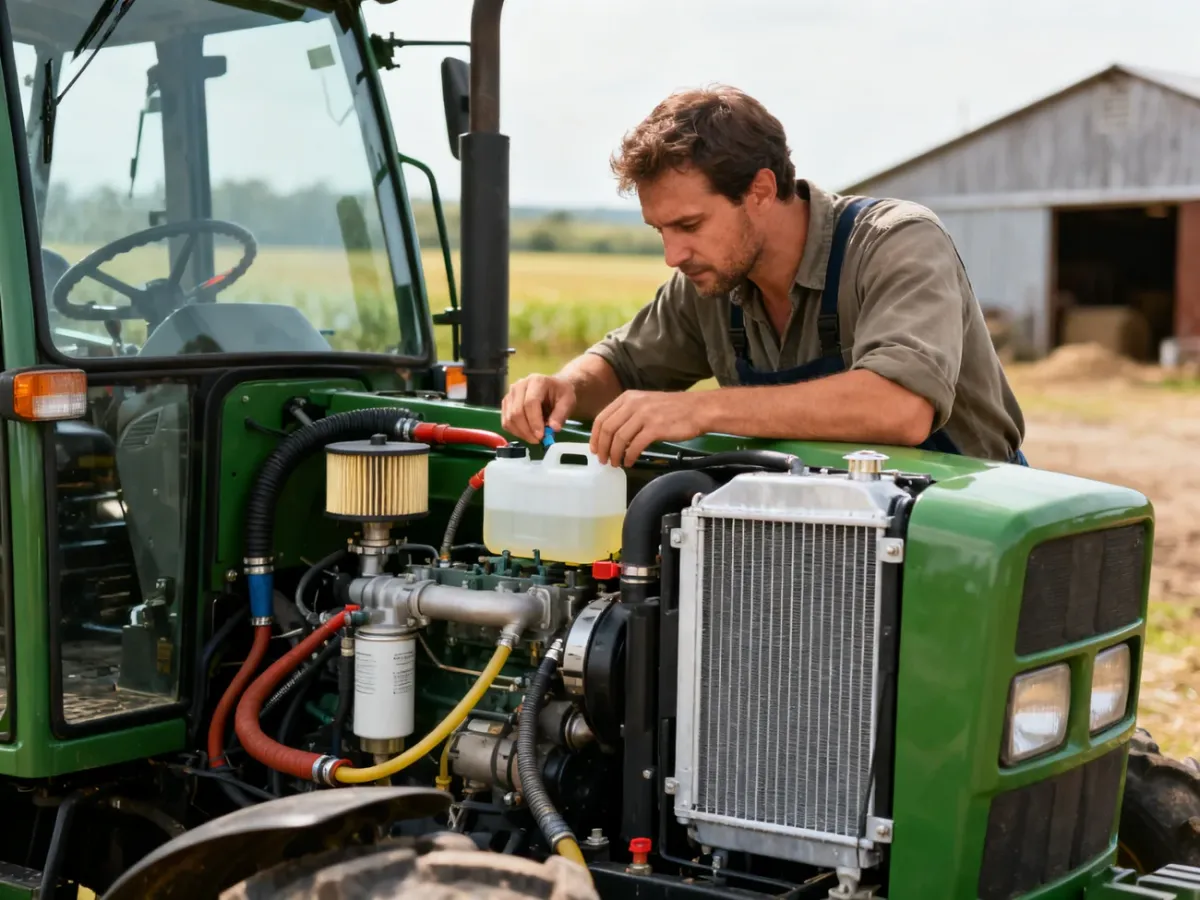 Operator inspecting a tractor during a daily maintenance check