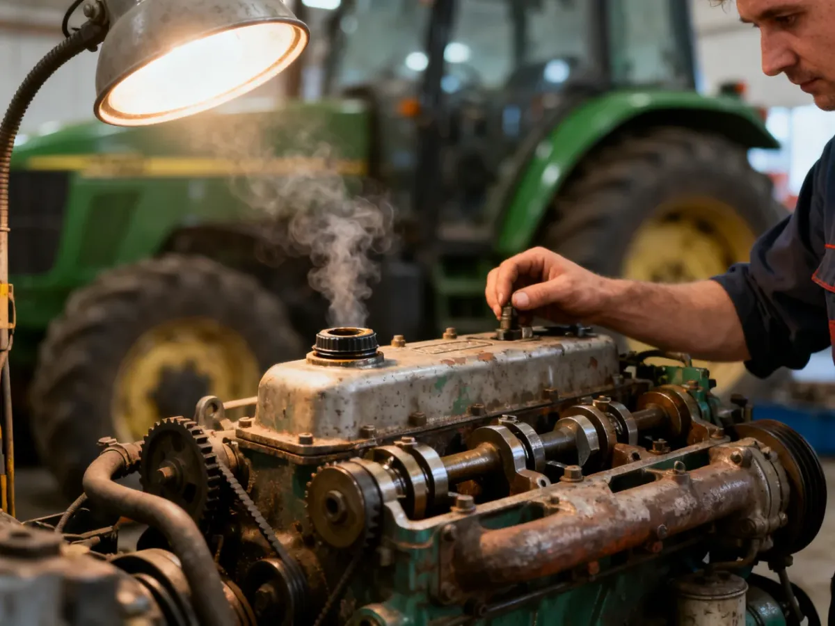 Mechanik sprawdza przedmuchy w silniku używanego ciągnika