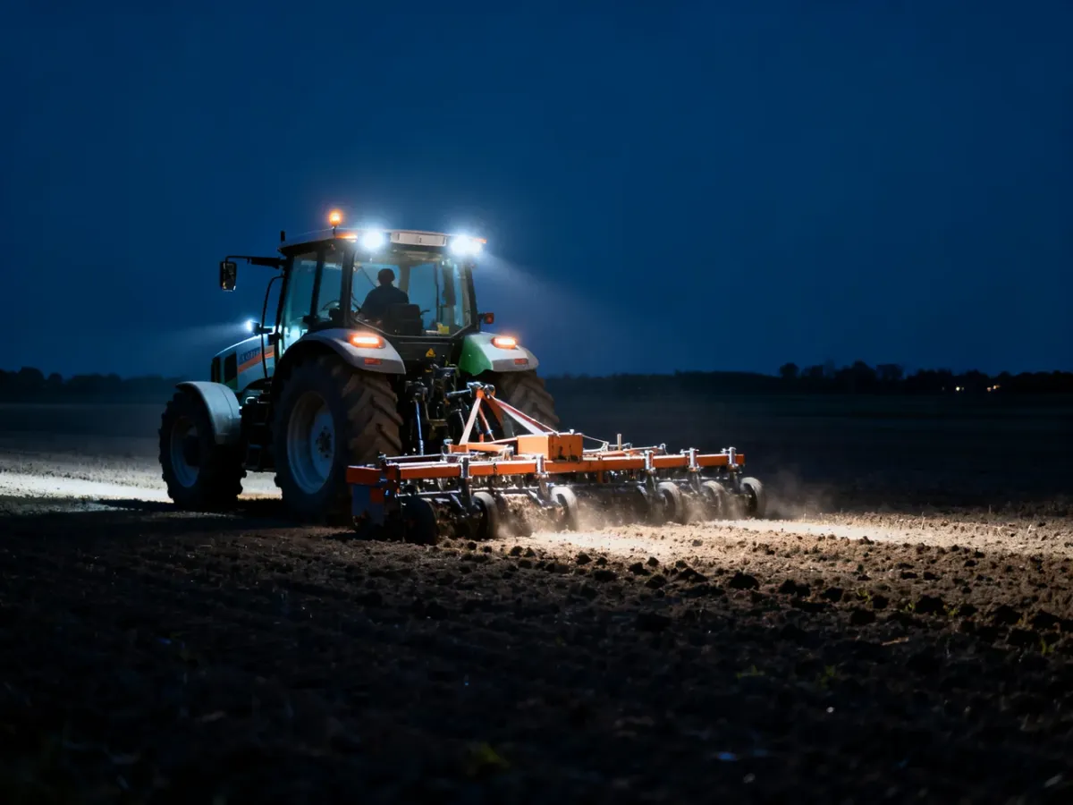 Ciągnik pracujący nocą z lampami oświetlającymi narzędzie i teren przed maszyną