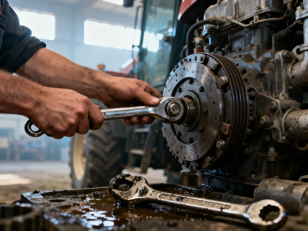 Mechanik regulujący kluczem cięgno sprzęgła w silniku ciągnika w warsztacie.
