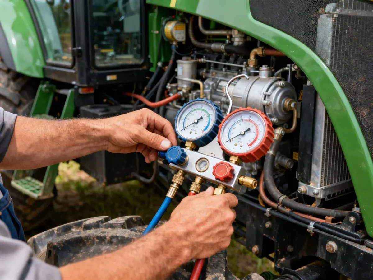 Technik podłącza manometry do układu klimatyzacji ciągnika