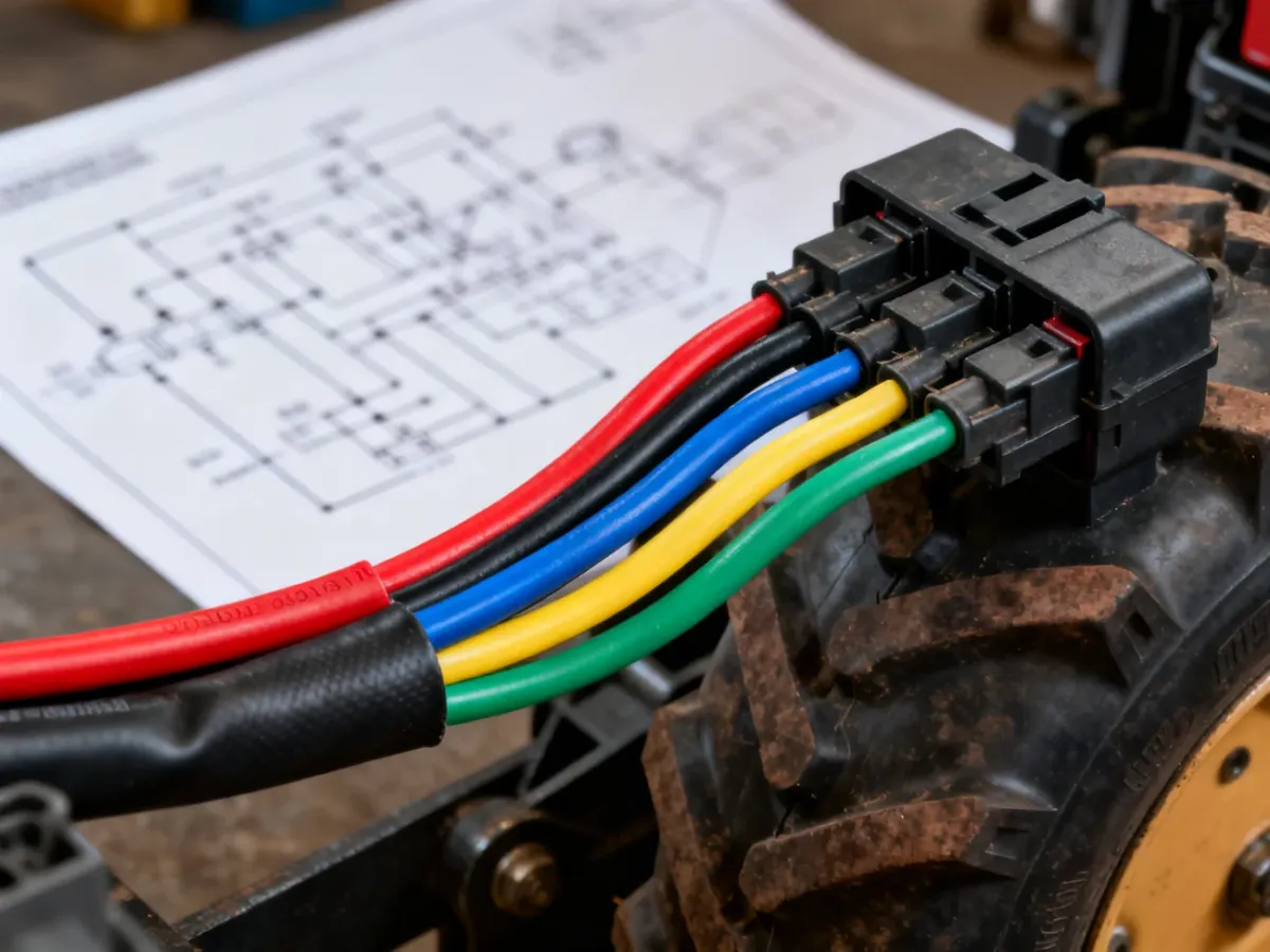 Kolorowe przewody instalacji elektrycznej ciągnika obok schematu serwisowego