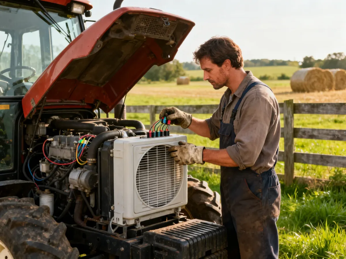 Operator sprawdza instalację elektryczną i filtr kabinowy w ciągniku