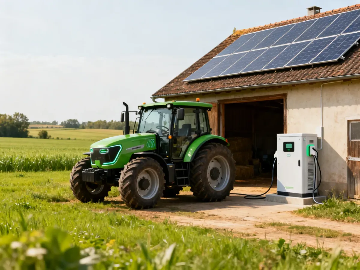 Elektryczny ciągnik przy gospodarstwie z fotowoltaiką i magazynem energii