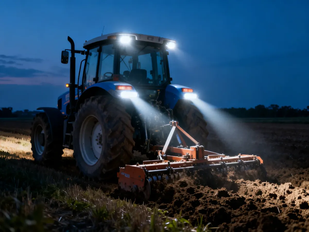 Ciągnik pracujący po zmroku z jasnymi lampami LED