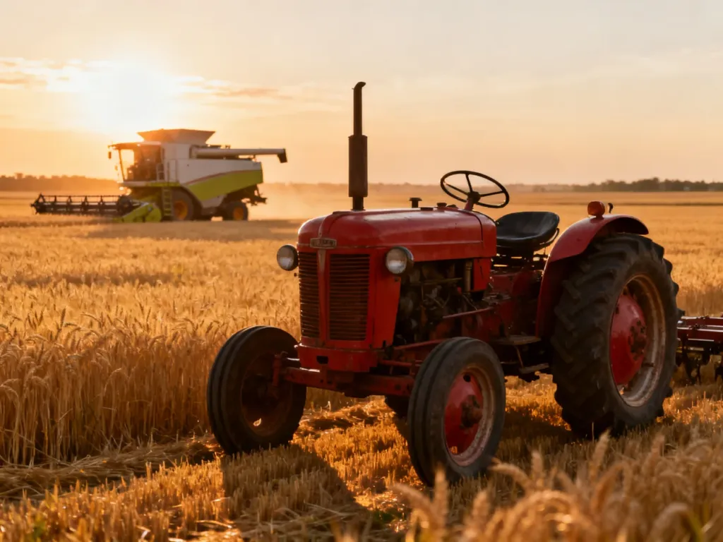 Zabytkowy czerwony ciągnik na tle nowoczesnej maszyny rolniczej w polu pszenicy, symbolizujący ewolucję marki Case IH.