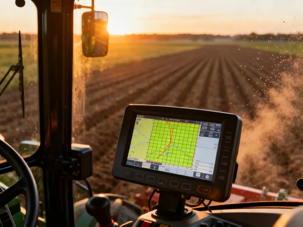 Ekran systemu GPS w kabinie ciągnika z widoczną siatką kalibracyjną na tle zaoranego pola podczas zachodu słońca.