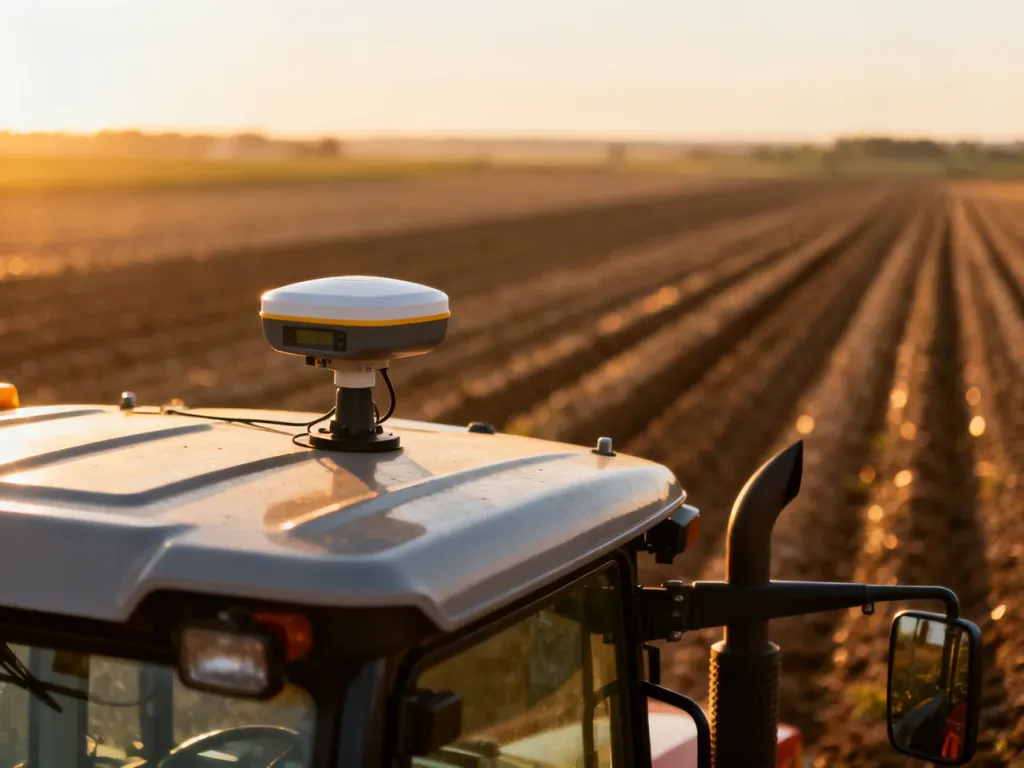 Antena GPS zamontowana na dachu ciągnika rolniczego, zapewniająca precyzyjne prowadzenie maszyny po polu podczas pracy.