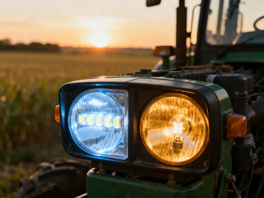 Porównanie nowoczesnego reflektora LED o chłodnym świetle z tradycyjną żarówką o ciepłej barwie w oświetleniu ciągnika.