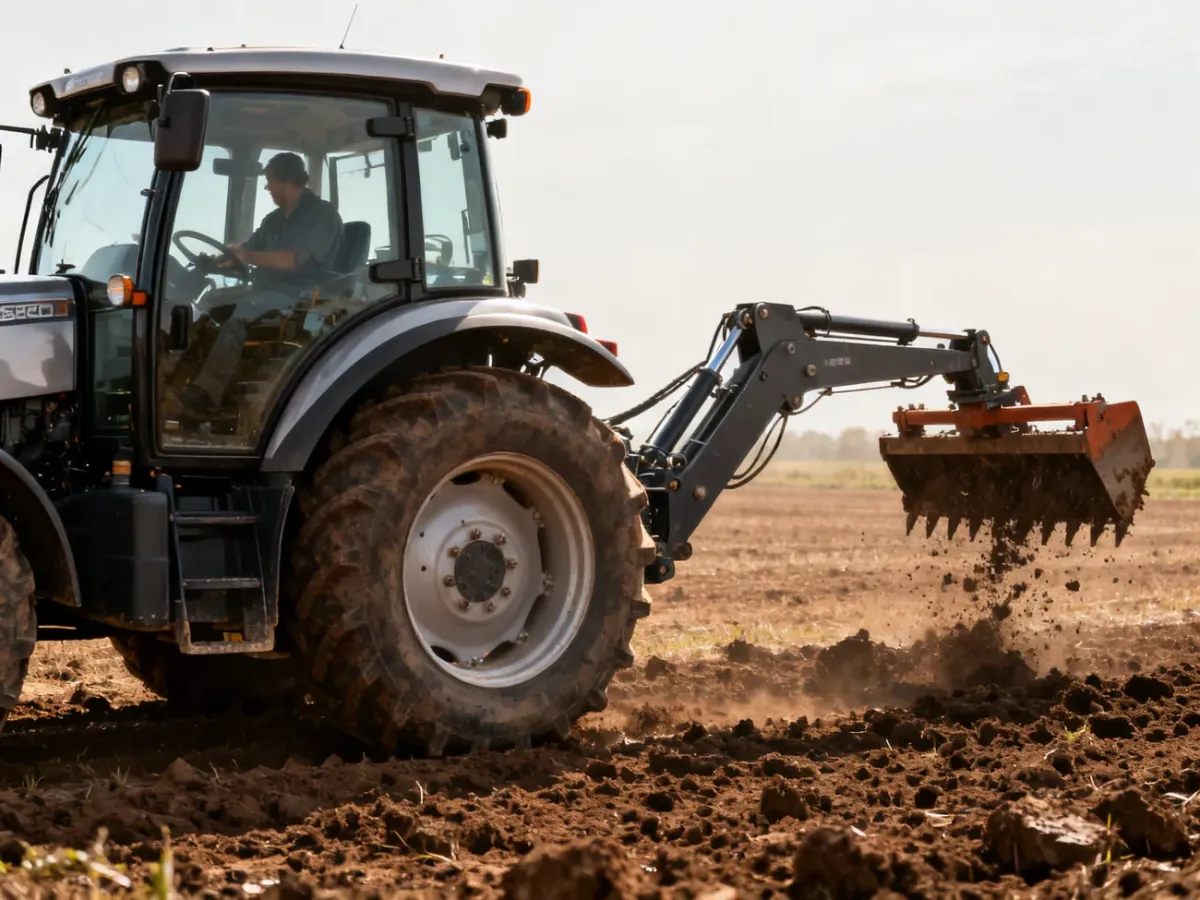 Nowoczesny ciągnik z napędem 4WD i układem hydraulicznym podczas pracy w polu